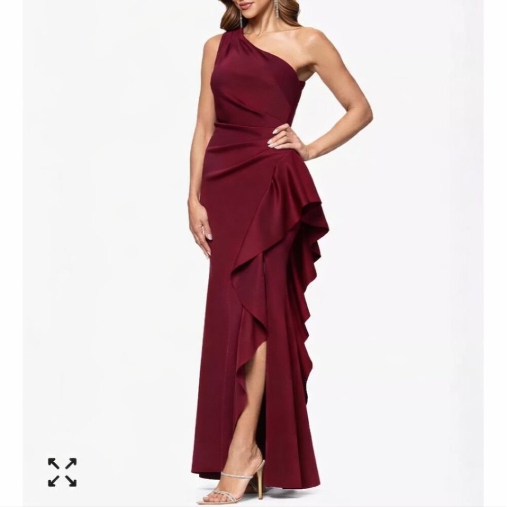 XSCAPE burgundy One Shoulder Gown Ruffle Side Slit Formal Evening Dress 14 Scuba